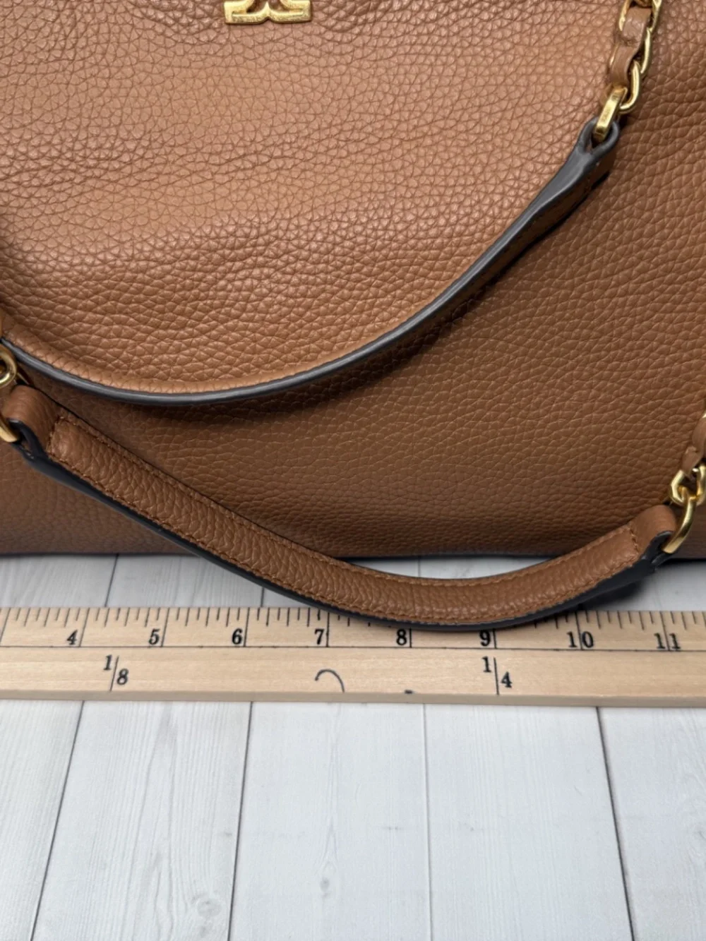 TORY BURCH Britten Triple Compartment Cognac Caramel Tote Bag Gold Chain